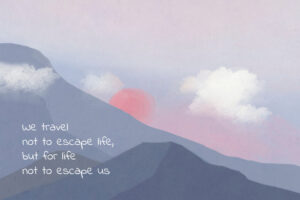 a mountain range with a pink sun
